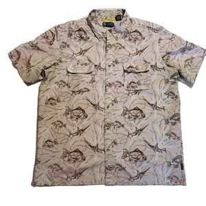 Chaps Men's Short Sleeve Vented Button Up Shirt - XL - Fish Pattern Brown